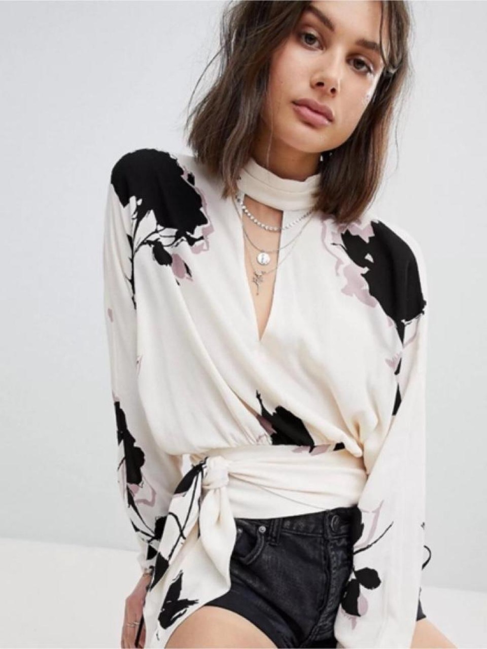 Free People - Women's Cream Floral Wrap Top with Pink and Black Accents